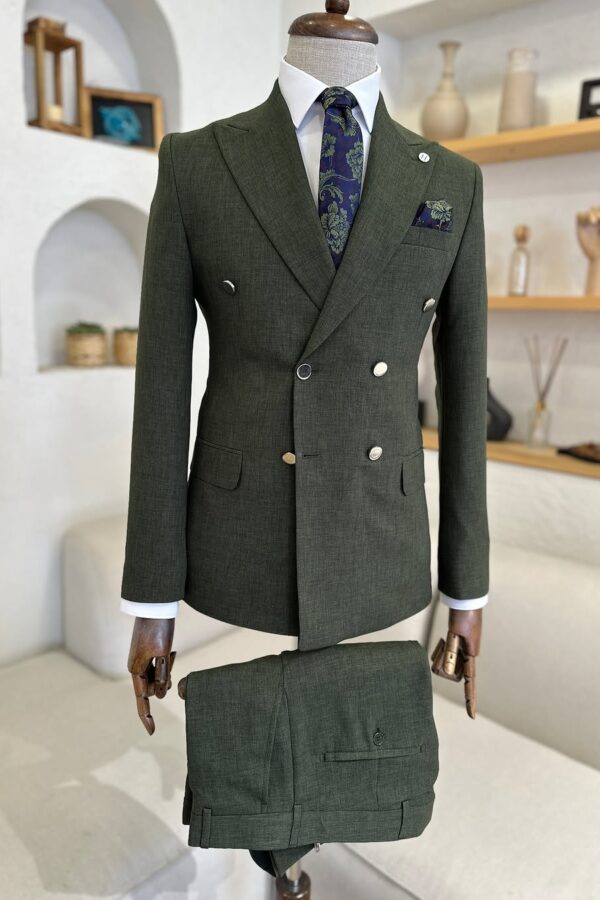 Slim fit Olive Green double breasted pin striped men’s suit