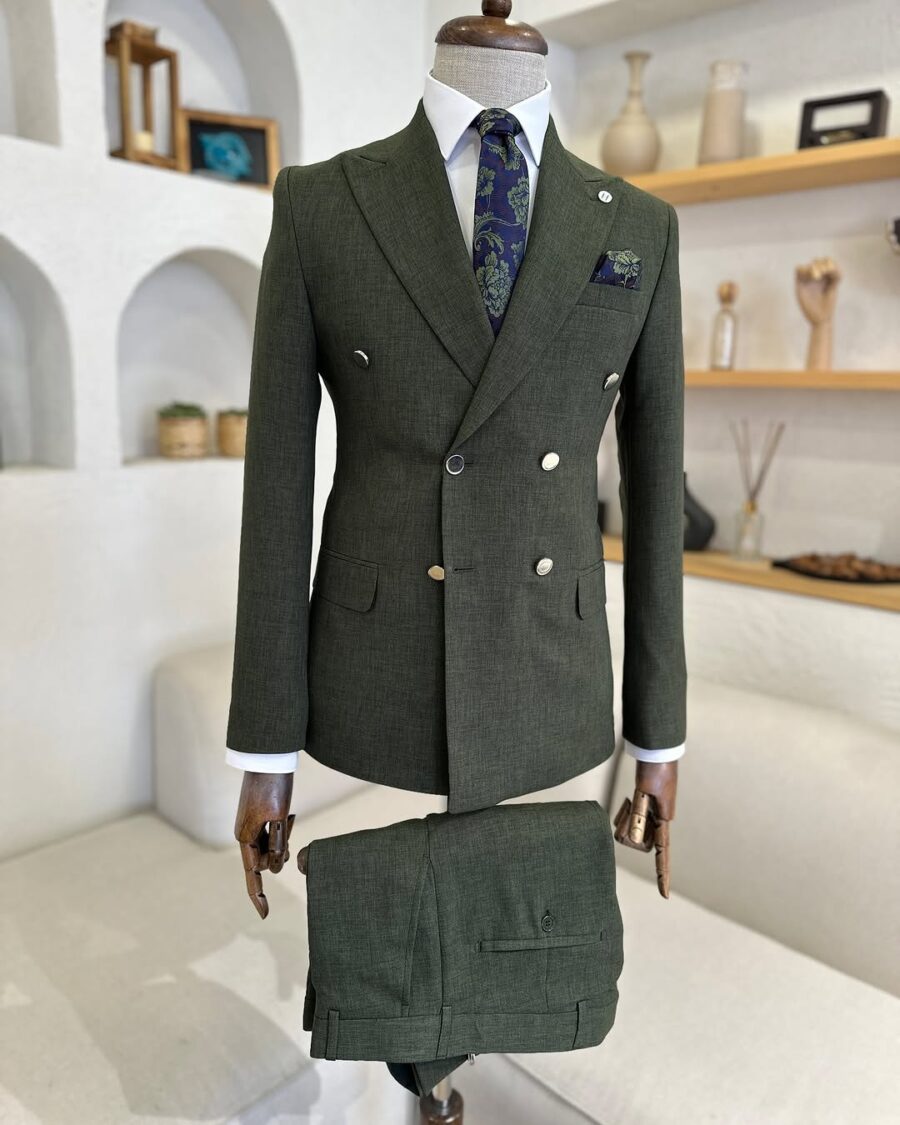 Slim fit Olive Green double breasted pin striped men’s suit