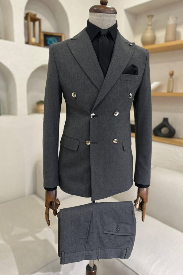 Slim fit all dark grey double breasted two piece men's suit with peak lapels