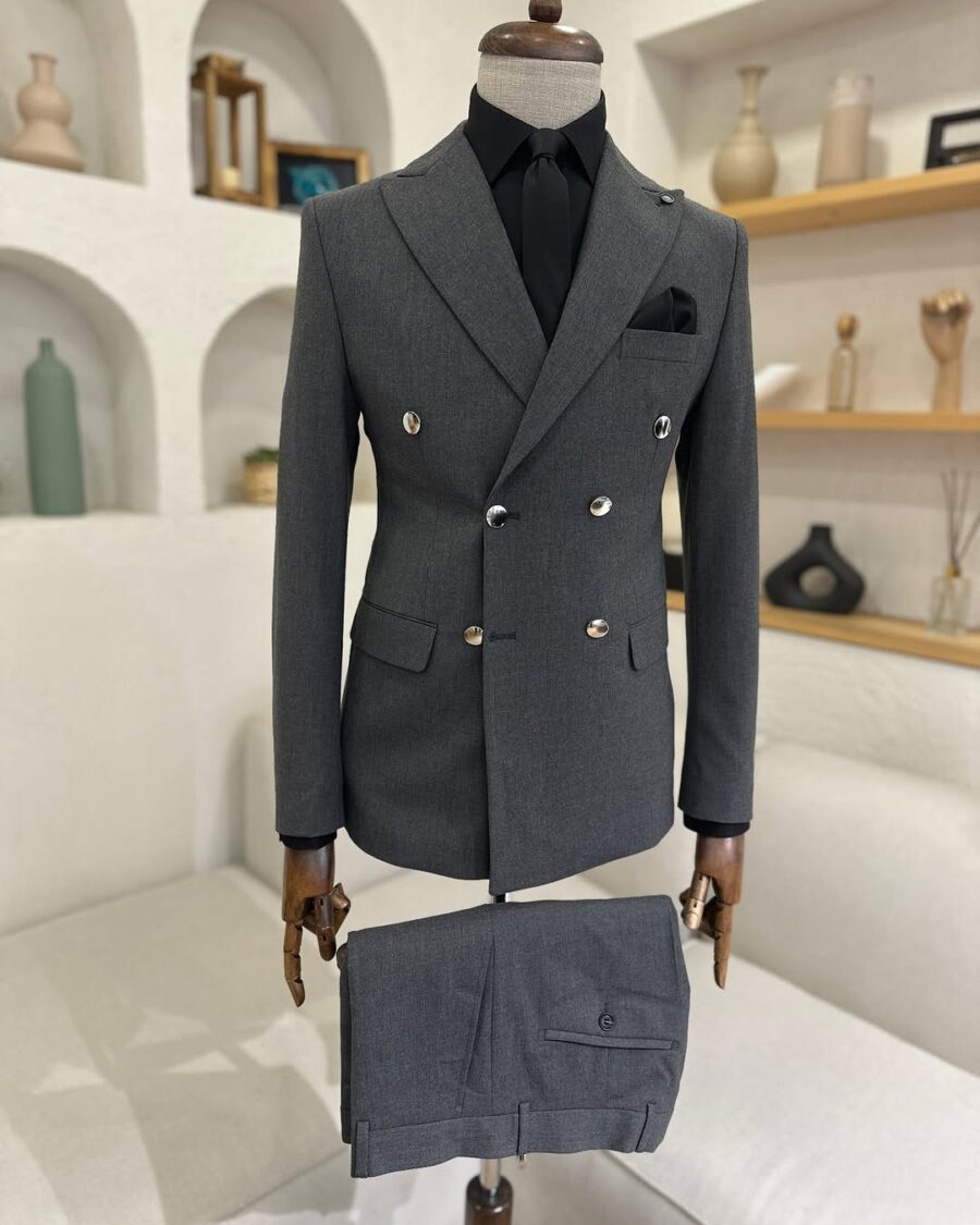 Slim fit all dark grey double breasted two piece men's suit with peak lapels