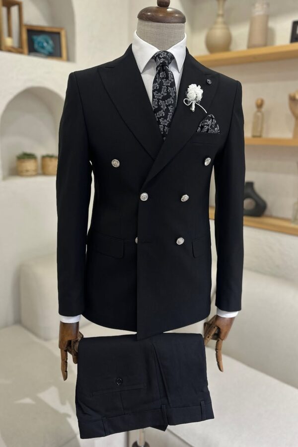 Tailored slim fit black double breasted men's suit with peak lapels