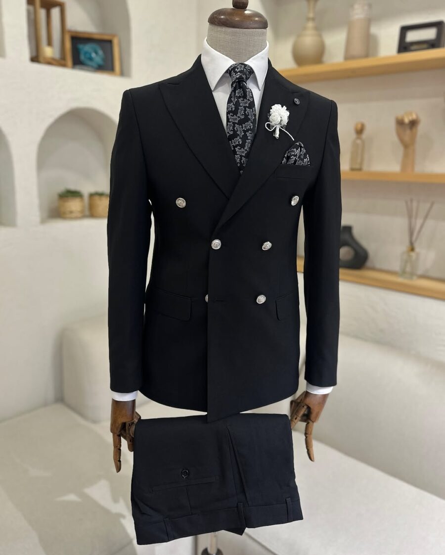 Tailored slim fit black double breasted men's suit with peak lapels