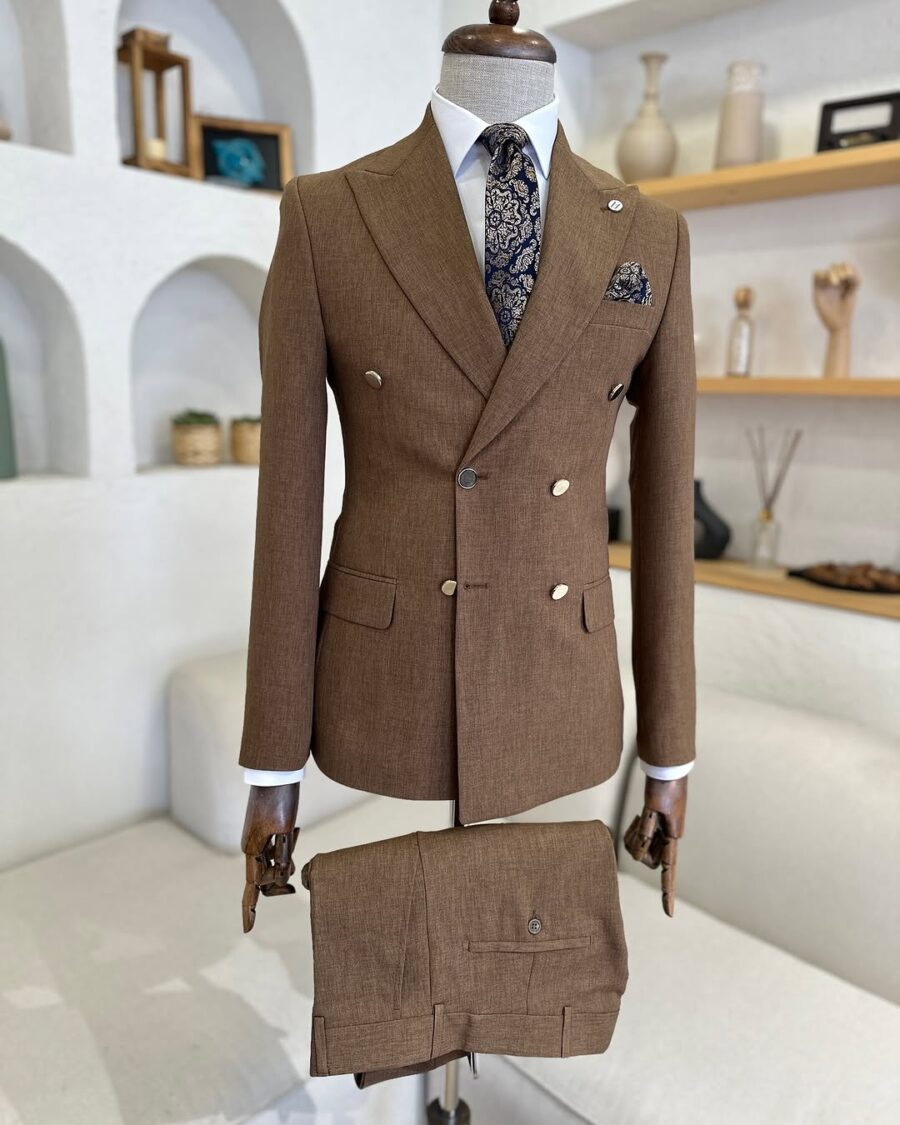 Tailored slim fit carton brown double breasted men's suit