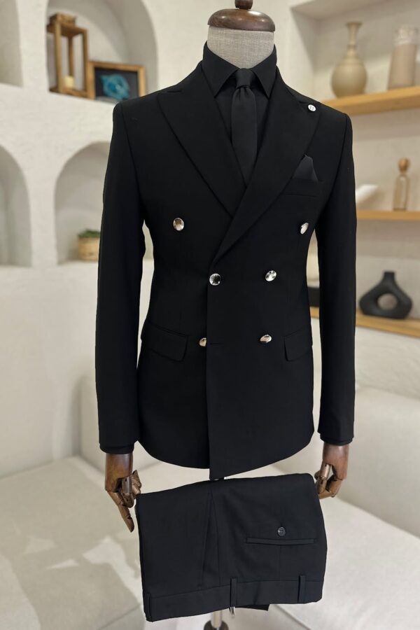 Tailored slim fit charcoal black double breasted men's suit