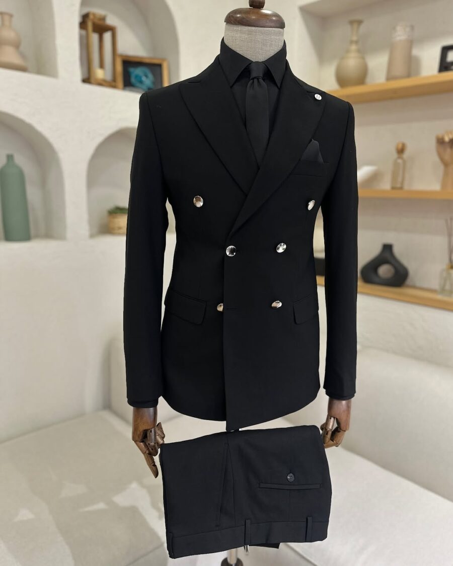 Tailored slim fit charcoal black double breasted men's suit