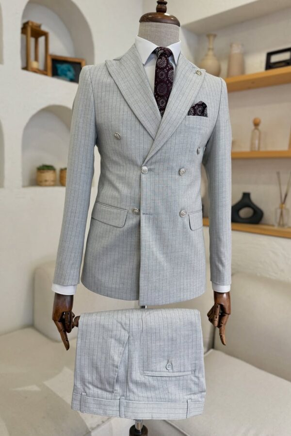 Tailored slim fit Grey Double Breasted pin striped men’s suit