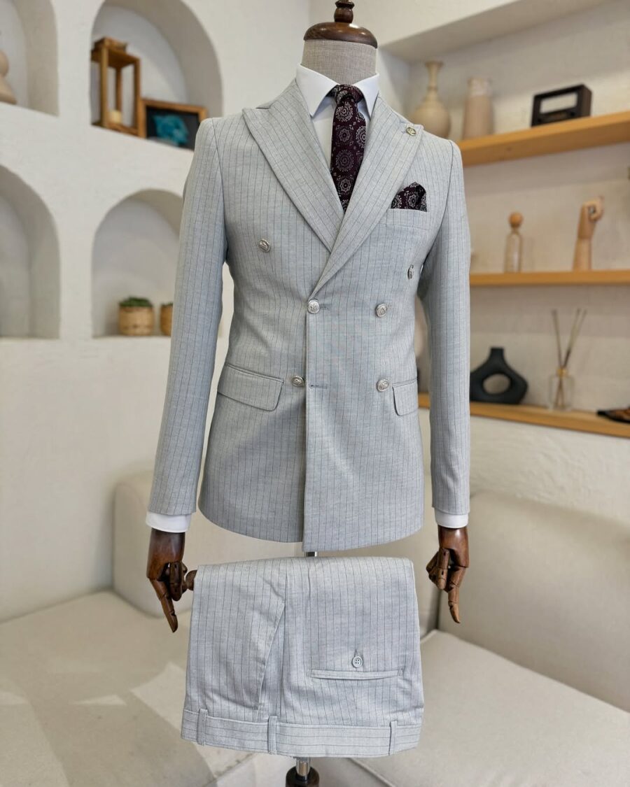 Tailored slim fit Grey Double Breasted pin striped men’s suit