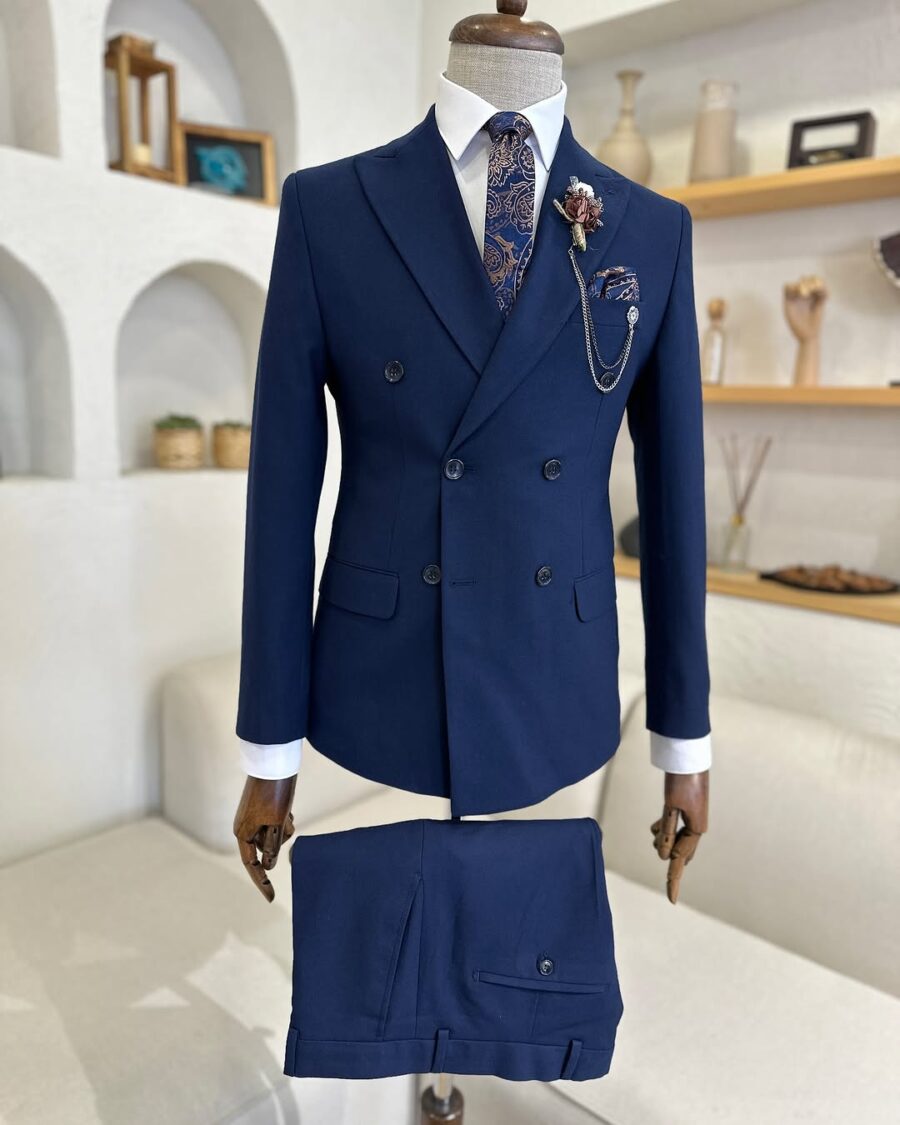 Tailored slim fit Navy Blue double breasted men’s suit with peak lapels
