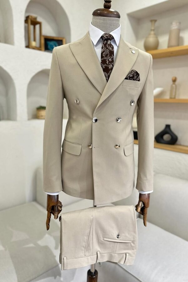 Tailored slim fit ecru double breasted men's suit with peak lapel