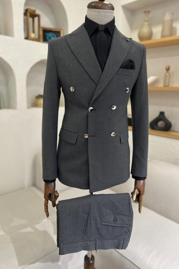 Tailored slim fit grey double breasted men’s suit with peak lapels