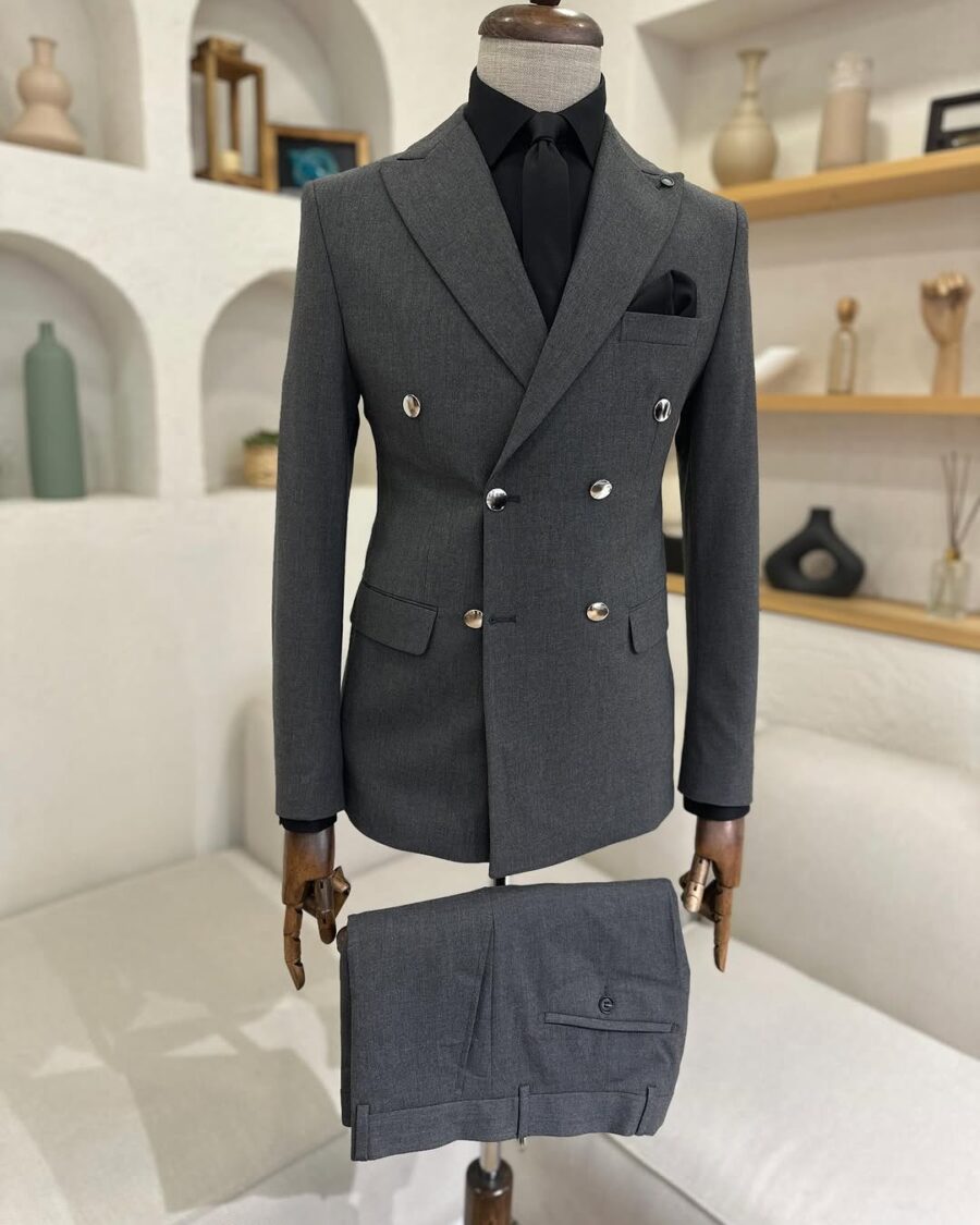 Tailored slim fit grey double breasted men’s suit with peak lapels