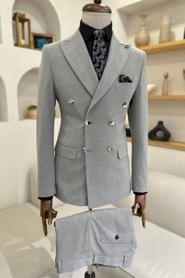 Tailored slim grey double breasted men's suit with peak lapels