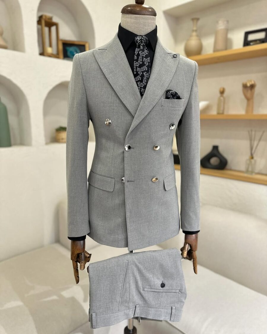 Tailored slim grey double breasted men's suit with peak lapels